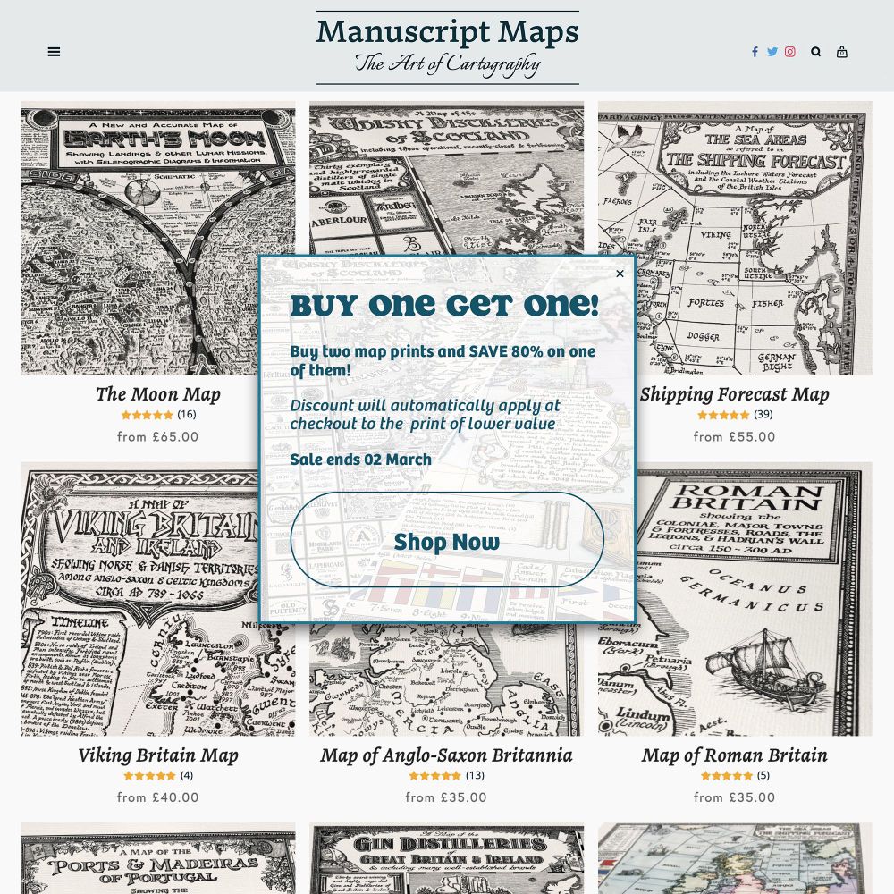 Manuscriptmaps.com website with buy one get one discount details buy two prints and save 80 percent on one of them. Sale ends 02 March.