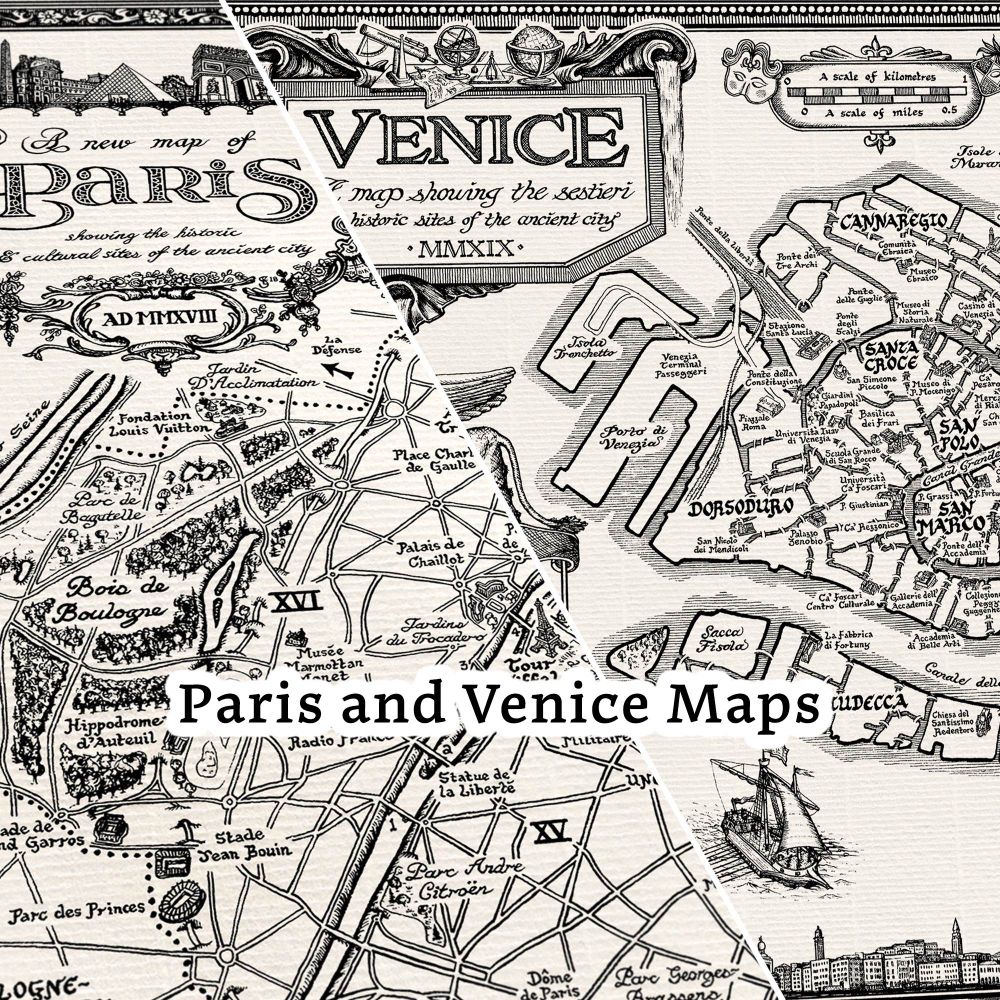 Two maps side by side showing Paris and Venice drawn by Manuscript Maps.