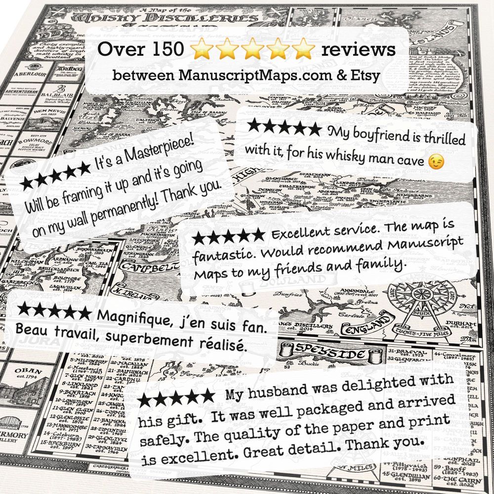 Picture of Manuscript Maps Whisky Map with five examples of 5-star reviews superimposed.