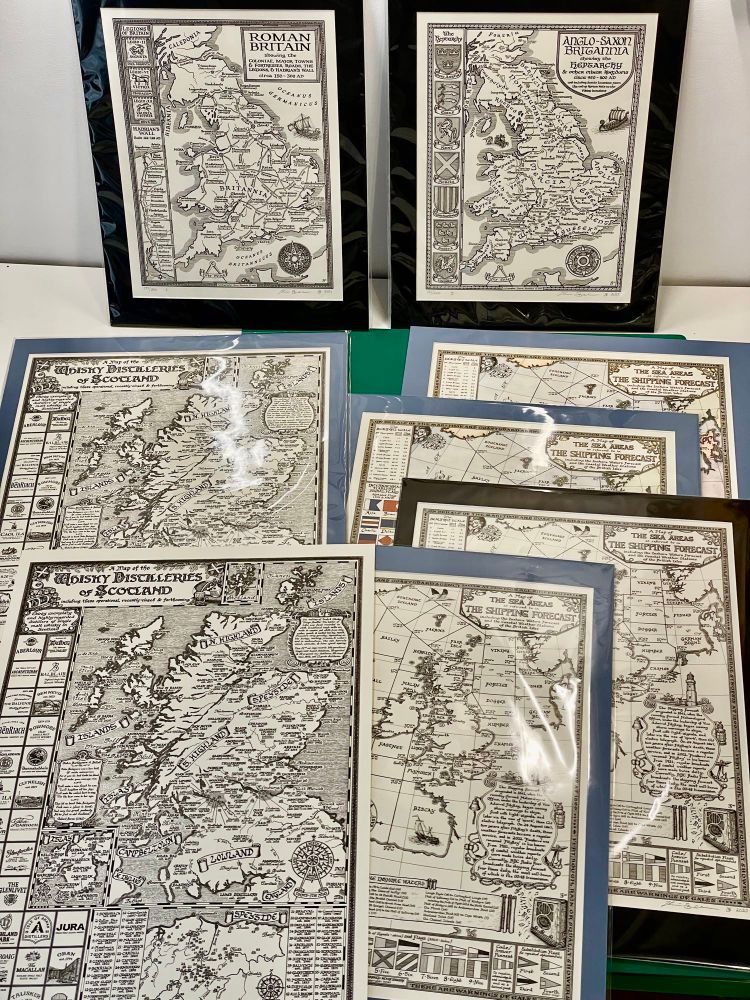 A selection of maps by Manuscript Maps, including ones of Whisky distilleries, the Shipping Forecast, Roman Britain and Anglo-Saxon Britain.