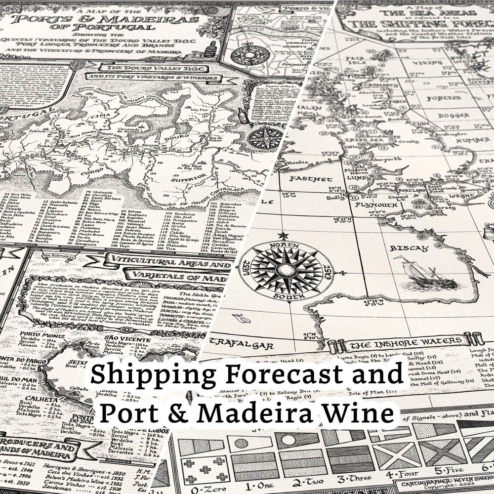 Two maps showing Port and Madeira Wine and The Shipping Forecast drawn by Manuscript Maps