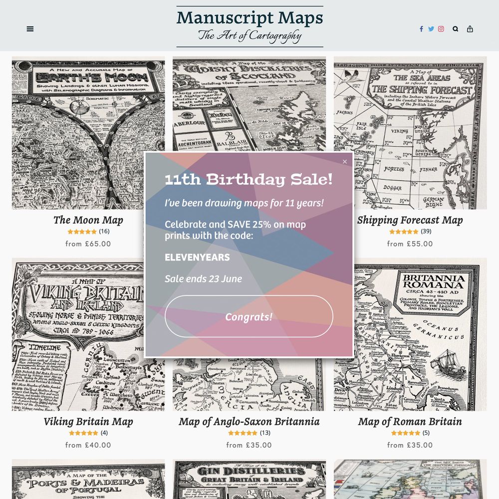 Picture of Manuscript Maps eleventh birthday sale popup with code ELEVENYEARS to save 25% on map prints at ManuscriptMaps.com. Sale ends 23 June.