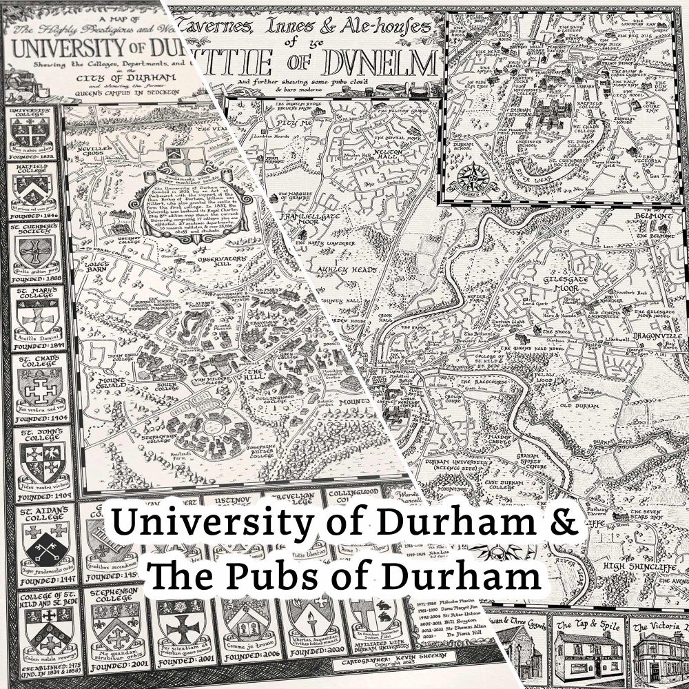 Two maps side by side showing Durham University and Durham Pubs drawn by Manuscript Maps.