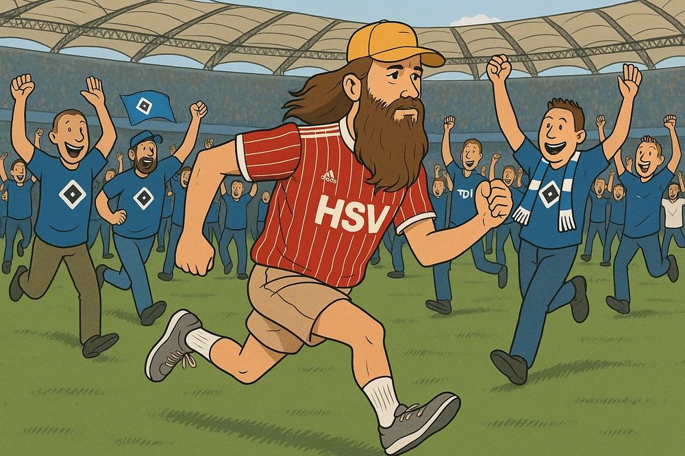 Comiczeichnung Forrest Gumps' mit langem Bart, rotem HSV-Trikot, beiger Kappe und Shorts, der wie Forrest Gump über das Spielfeld im Volksparkstadion läuft. Hinter ihm stürmen jubelnde HSV-Fans in blauen Shirts das Spielfeld. Einige schwenken HSV-Fahnen, andere tragen Schals. Die Stadiontribünen sind im Hintergrund zu sehen."


