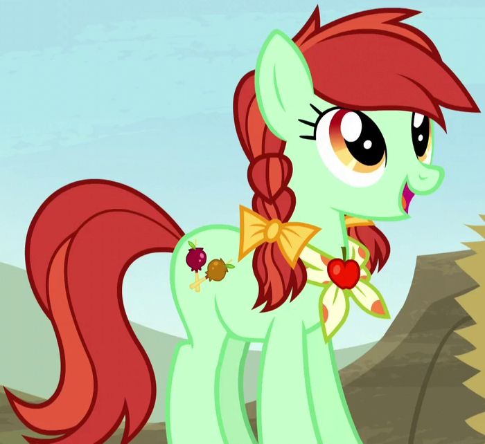 A green pony with a rust colored mane in braids with a bandana around her neck.