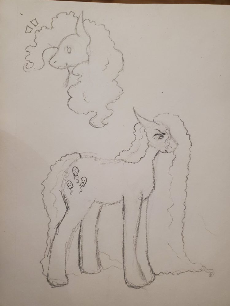 Pencil drawings of a cartoonish horse with an extremely coily, fluffy mane, one where it sits poofy and the horse appears happy and one where it droops deflated in a waterfall of curls and the horse appears upset