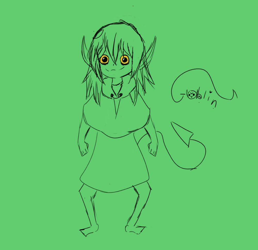 poorly drawn goblin girl standing sillily