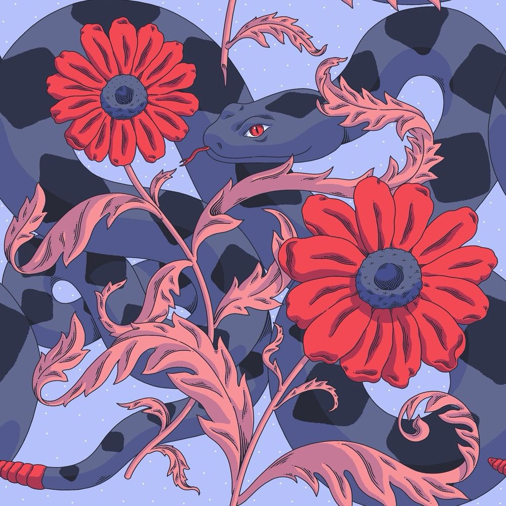 Illustration of a snake between red flowers, pattern design.