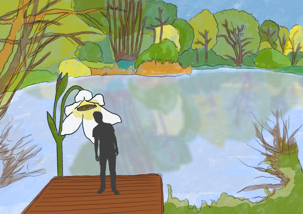 A picture of a man standing under a huge flower, which has a speaker in. It is called an Ecological Earpiece by artist Emily Peasgood.