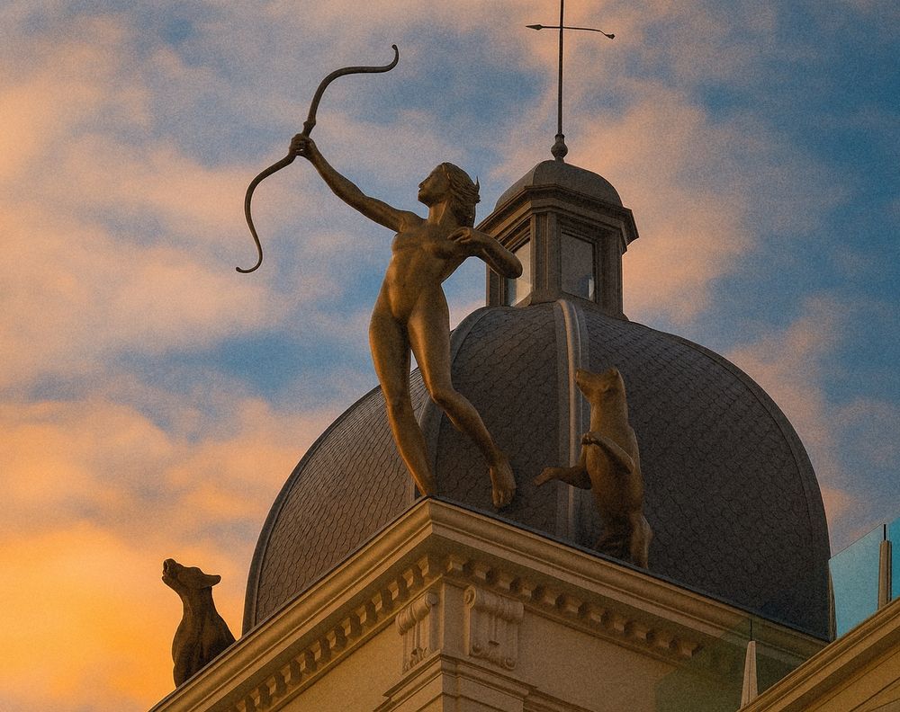 Escultura de Diana cazadora sobre una cúpula en la Gran Vía madrileña, tensando su arco hacia el cielo, acompañada por sus perros.