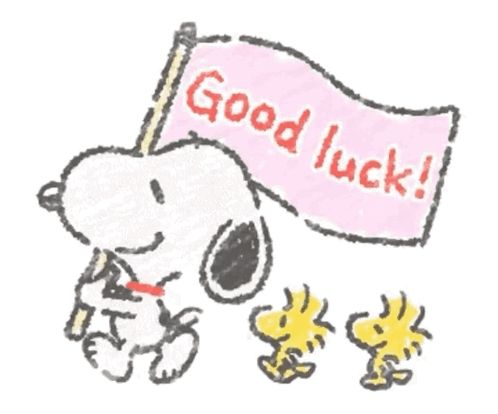 snoopy and woodstock are holding a pink flag that says good luck