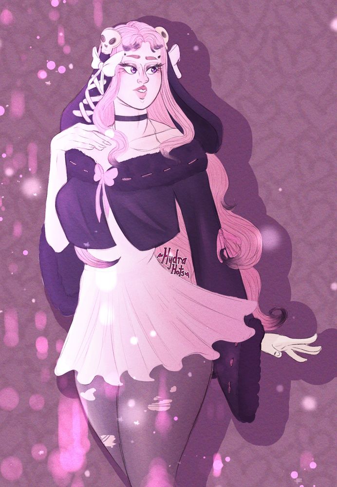 A drawung of a girl with bunny ears, she wears a short pink dress and has skulls and ribbons on her ears