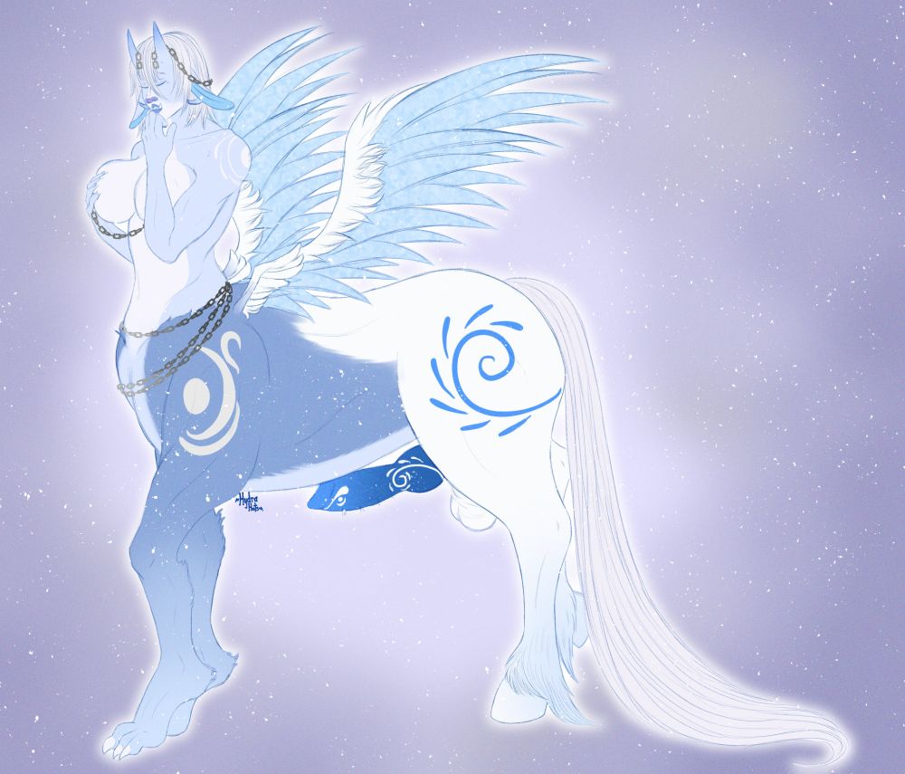 A drawing of a blue and white hyppogryph taur, it has icey wings and chains wrapped around its body. Their bright blue cock is erect.