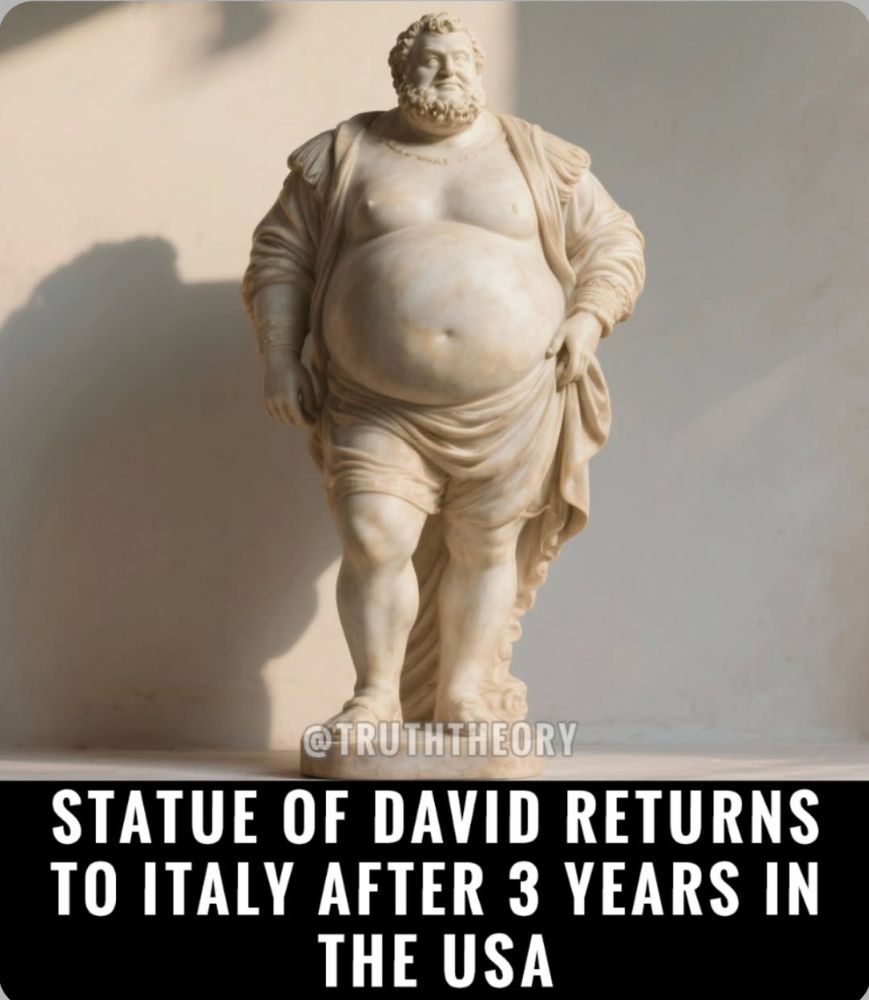Michelangelo's statue of David. But it shows David to be very out of shape. The narrative says: the statue of David returns to Italy after three years in the US.