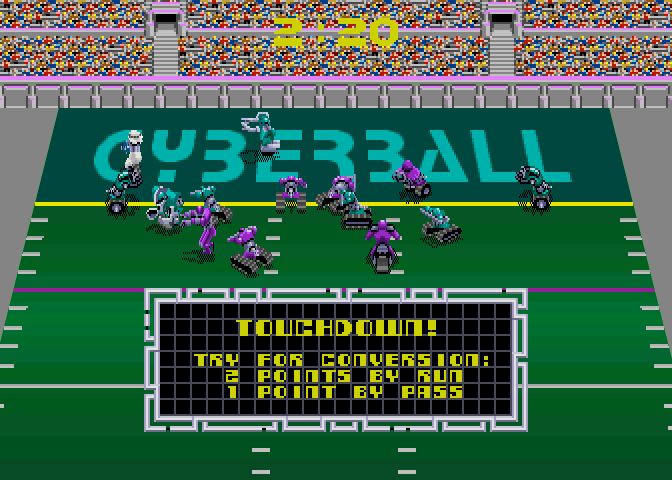 A screenshot of the video game Cyberball, depicting a futuristic football field with robots playing.