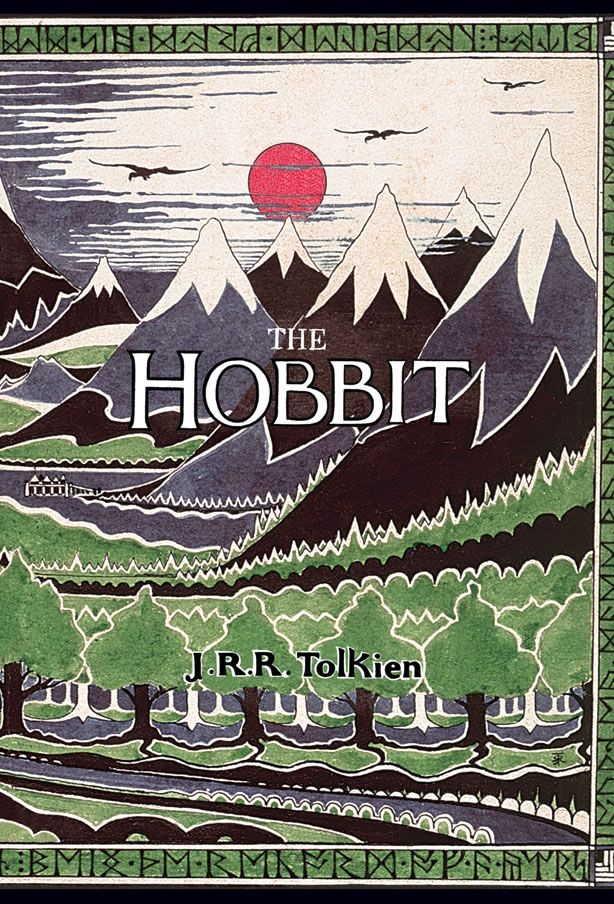 A cover for the fantasy novel "The Hobbit", written and illustrated by J. R. R. Tolkien. It depicts mountains above a green forest, with giant eagles and a red sun in the sky
