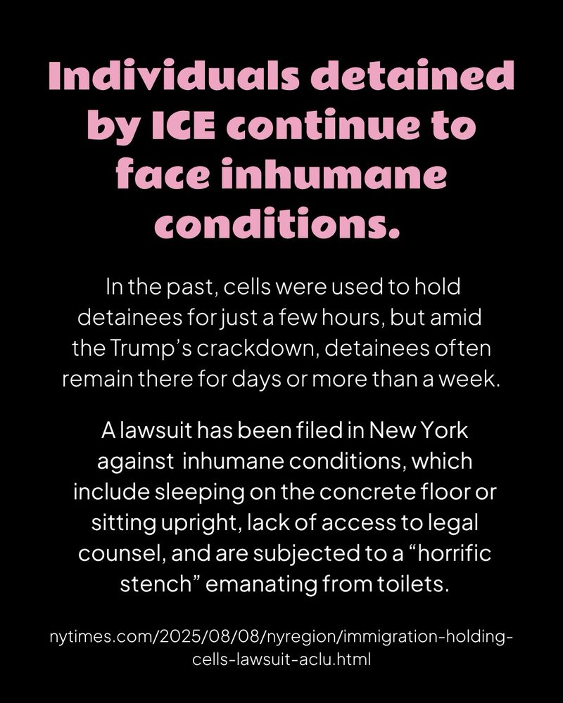 A black graphic with pink header text and white body text

Individuals detained by ICE continue to face inhumane conditions.

In the past, cells were used to hold migrants for just a few hours, but amid the Trump’s crackdown, migrants often remain there for days or more than a week.

A lawsuit has been filed in New York against inhumane conditions, which include sleeping on the concrete floor or sitting upright, lack of access to legal counsel, and are subjected to a “horrific stench” emanating from toilets.