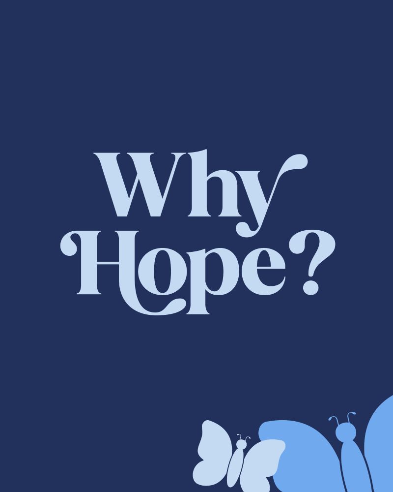 Dark blue graphic with two shades of blue butterflies in the bottom right corner. Text in the middle of the graphic reads "Why Hope?"