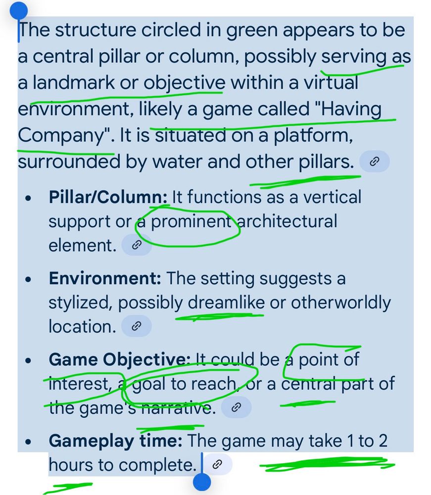 The structure circled in green appears to be a central pillar or column, possibly serving as a landmark or objective within a virtual environment, likely a game called "Having Company". It is situated on a platform, surrounded by water and other pillars. 
Pillar/Column: It functions as a vertical support or a prominent architectural element. 
Environment: The setting suggests a stylized, possibly dreamlike or otherworldly location. 
Game Objective: It could be a point of interest, a goal to reach, or a central part of the game's narrative. 
Gameplay time: The game may take 1 to 2 hours to complete. 