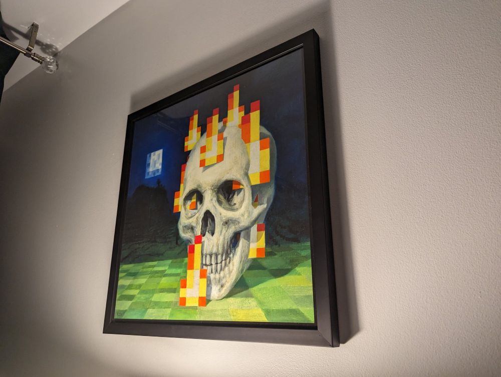 The skull minecraft painting with some light coming from under it at an angle