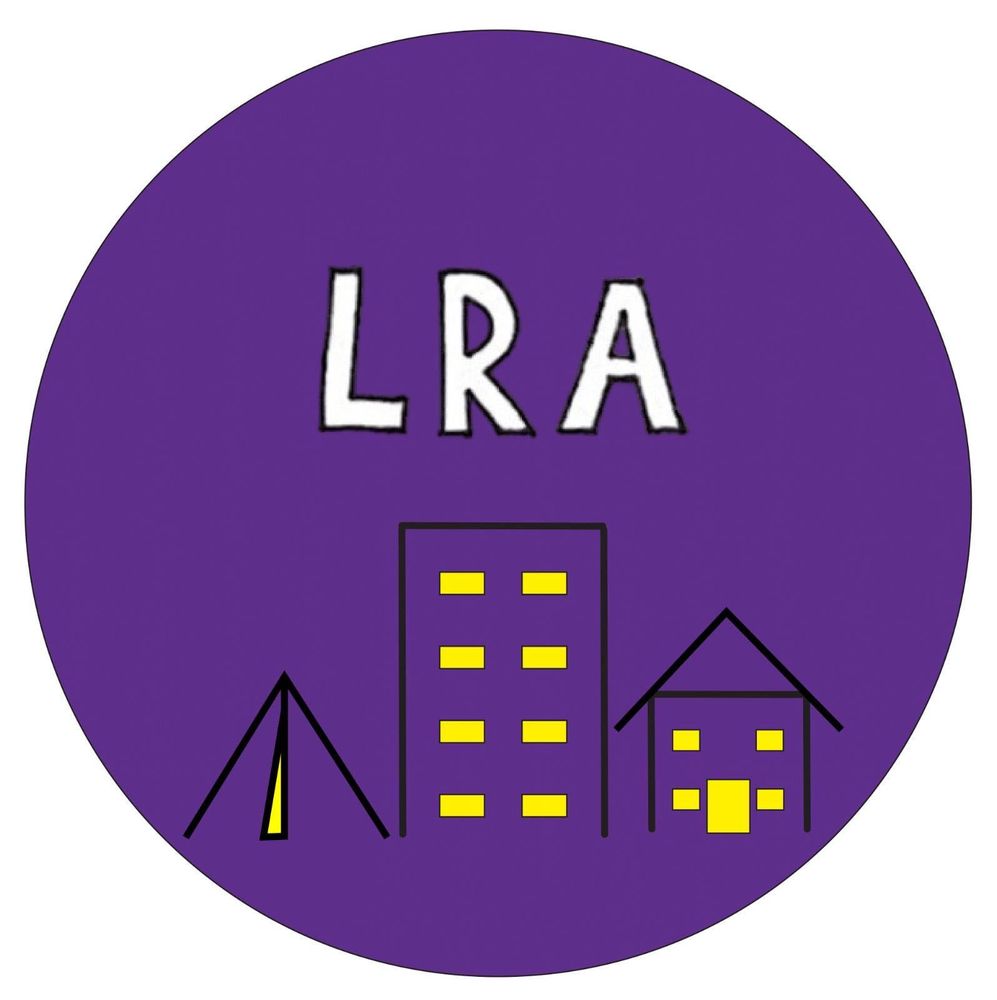 Purple round background, with the capitals LRA in white, outlined in black at the top centre of the circle.

A line drawn tent, highrise and home are depicted with lights on in the windows