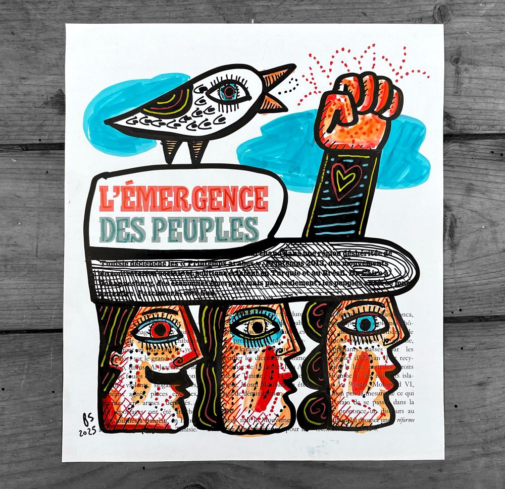 Dessin en couleur.
Un trait noir entoure le titre "L'émergence des peuples" dessinant une casquette. La visière est dessinée par-dessus le chapô (l'introduction qui précède le corps de l'article) sur la largeur de la page. Trois visages de profil sous la casquette, deux femmes et un homme, dessinés sur l'article. Un poing se dresse depuis la visière. Un oiseau est posé sur la casquette.