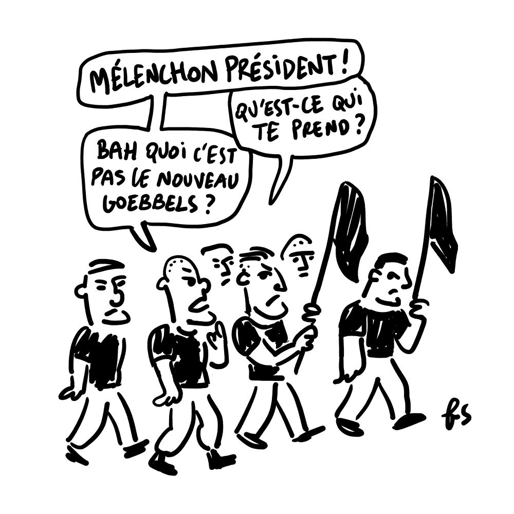 Dessin. Dans le défilé néo nazi du 10 mai, un type au crâne rasé crie : 