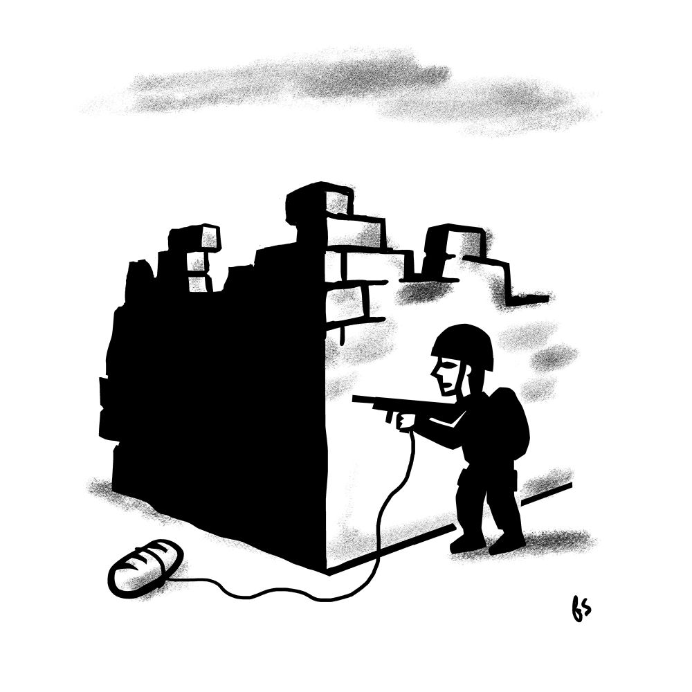 Dessin en noir et blanc.
Un soldat se tient à l'angle d'une maison en ruine, caché par le coin. Il tient une arme et, dans sa main, une ficelle qui descend, passe le coin  et serpente devant l'autre mur : elle est attachée à un pain posé par terre. 