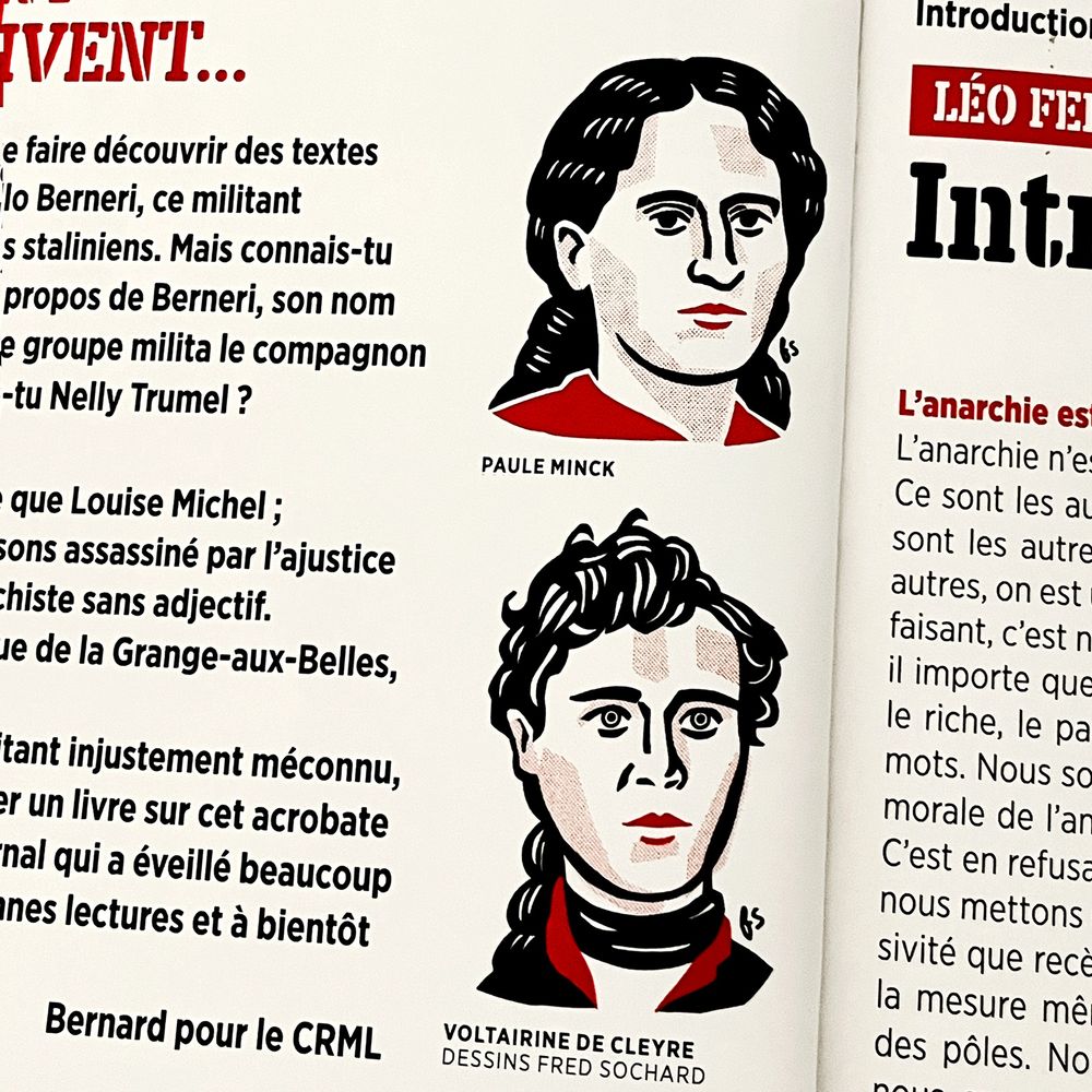 Deux portraits dessinés en noir et rouge : Voltairine de Cleyre et Paule Mink.