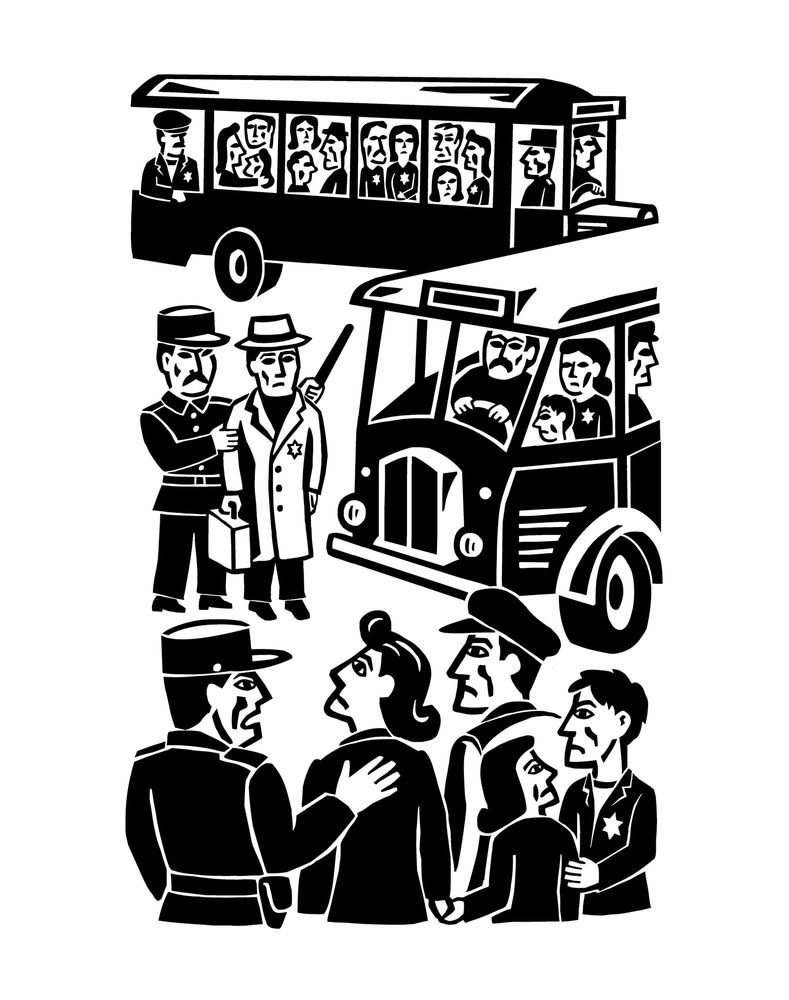 Illustration en noir et blanc.
Au premier plan, de dos, cadrés en buste : un policier pousse une famille, les parents et deux enfants. Le fils se tient de trois-quarts, une étoile jaune sur sa veste.
Au deuxième blanc, un policier tient un homme par le bras, son bâton dans l'autre main. L'homme tient une valise, porte un chapeau, un manteau sur lequel est cousue une étoile jaune. On voit aussi l'avant d'un bus dans lequel on aperçoit une mère portant une étoile jaune et son enfant.
Au troisième plan,  un bus plein de personnes, femmes, enfants et hommes, portant l'étoile jaune.