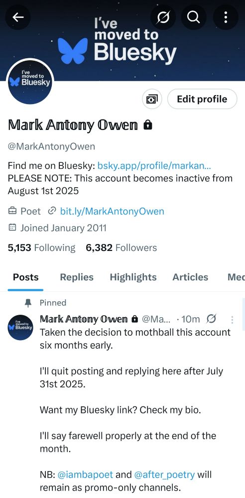 Screenshot of the bio and pinned tweet of the poster's retired X account.