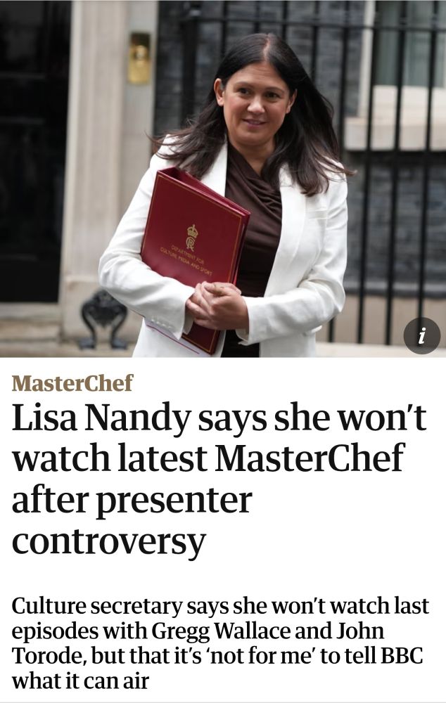 Headline from The Guardian featuring the UK's Culture Secretary saying she won't watch the upcoming series of 'Masterchef'.