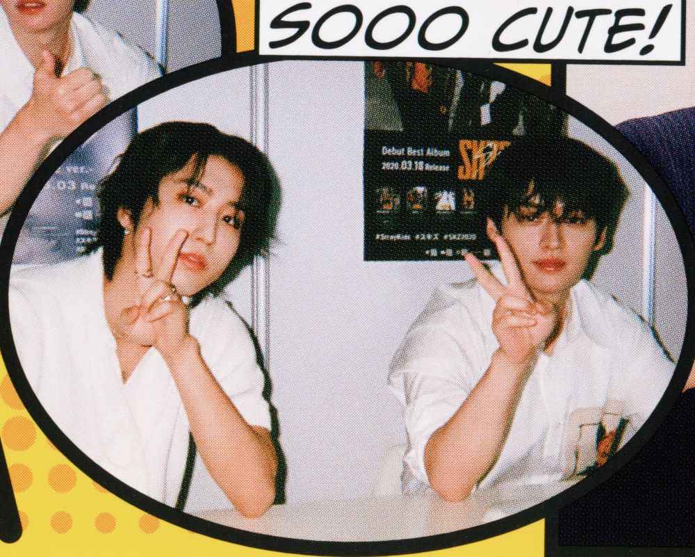 minsung throwing up peace signs with comic text above reading "sooo cute!"