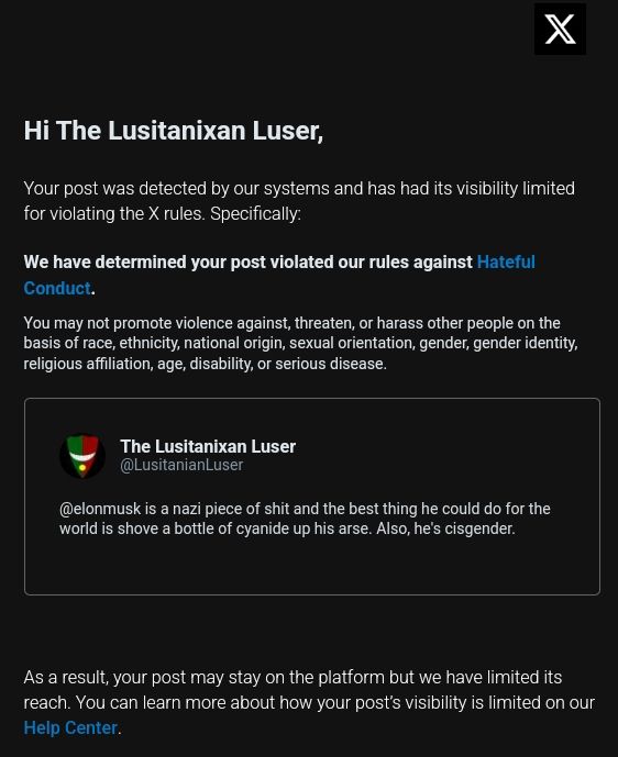 An email stating that the post seen in the first picture of this thread has had its visibility limited.