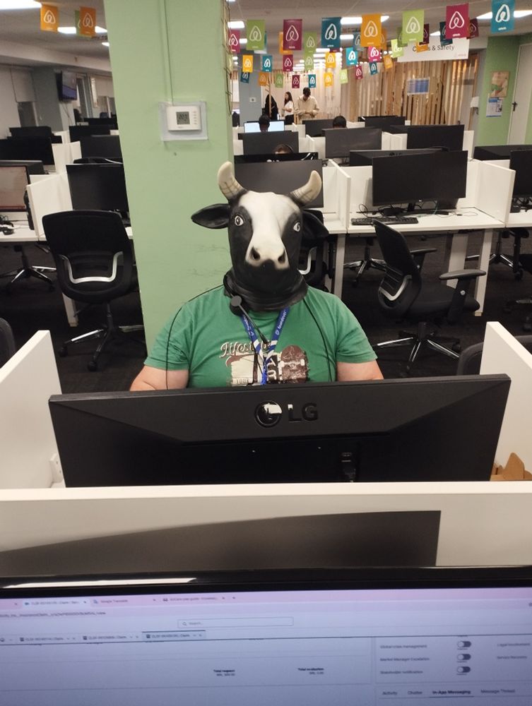 Me at work, wearing my Halloween costume (cow head).
