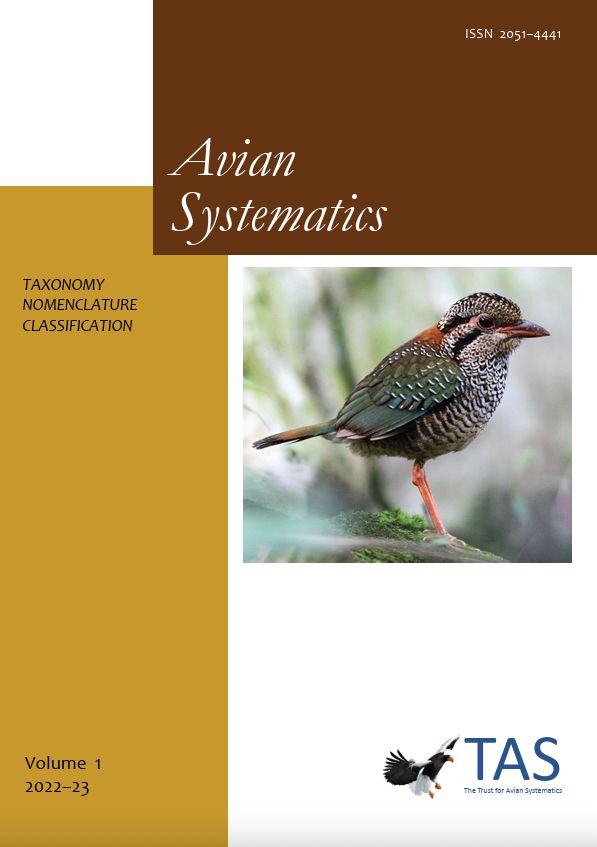 The cover of Volume 1 of Avian Systematics, now published (continuously) by Aves Press.