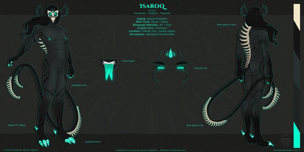 Turquoise and grey humanoid male with raven wings for ears, and big talon feet. Has a long and thin tail with spikes at the base and tip. Same spikes on tail run up back. #ocsky #ocart #closedspecies #digitalart 