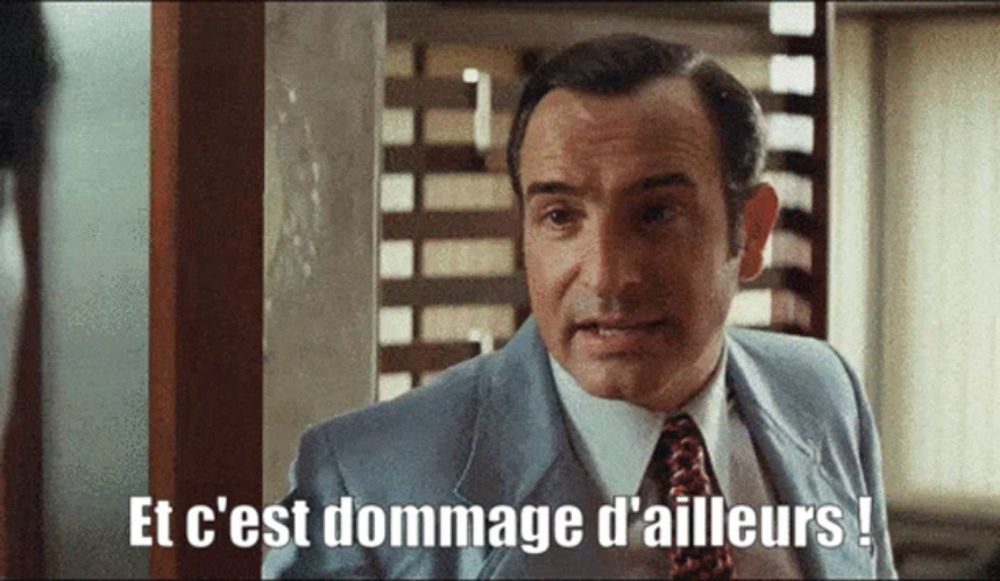 a man in a suit and tie says " et c 'est dommage d ' ailleurs "