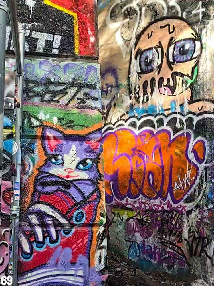 Colorful graffiti depicting a cat and a shoe and melting eyeballs with various tags and names