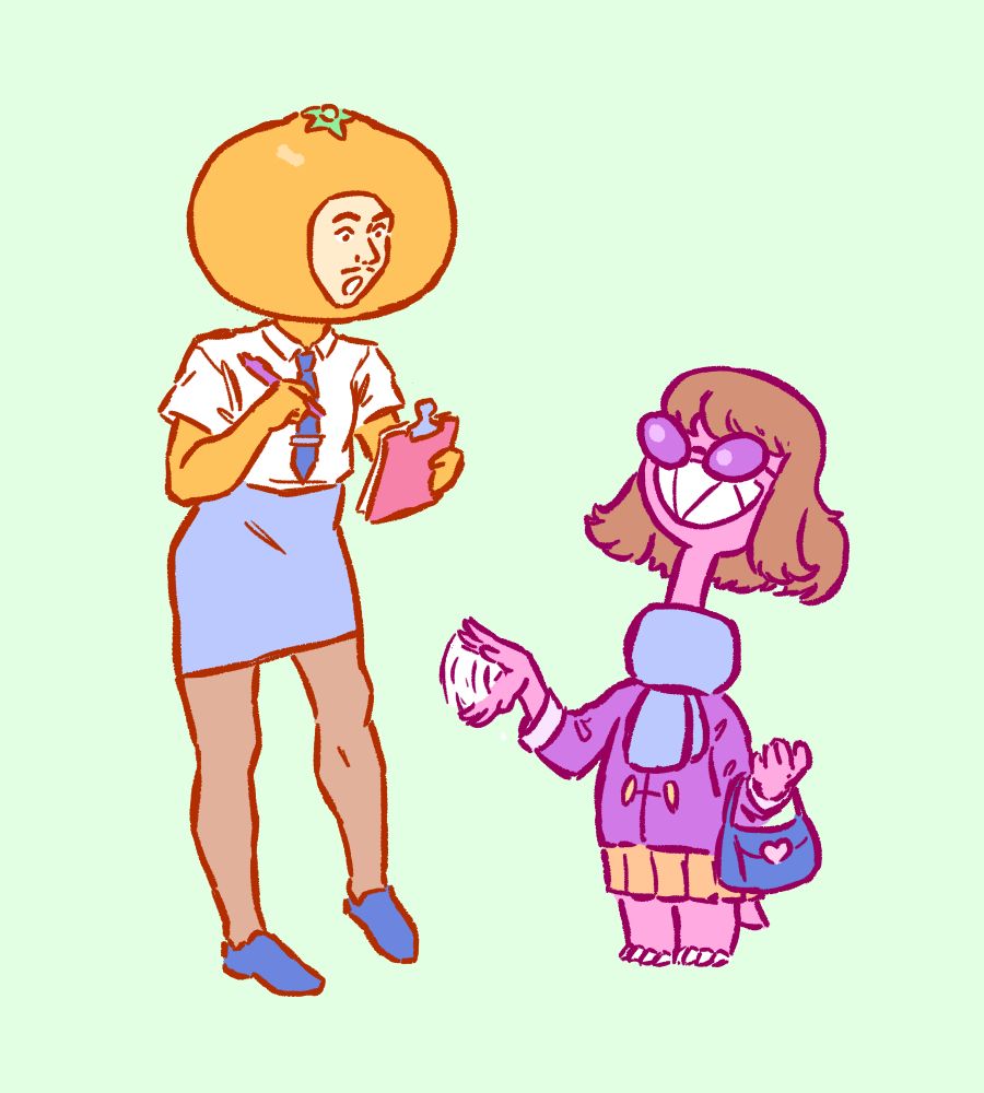 Drawing of Mr. C and Strawberry playing dress up. Mr. C is wearing a shirt, tie, skirt, tights, and shoes, and holding a pen and clipboard. Strawberry is dressed in a luxurious purple coat, a fluffy scarf, with an orange skirt, handbag, purple glasses and a wig.