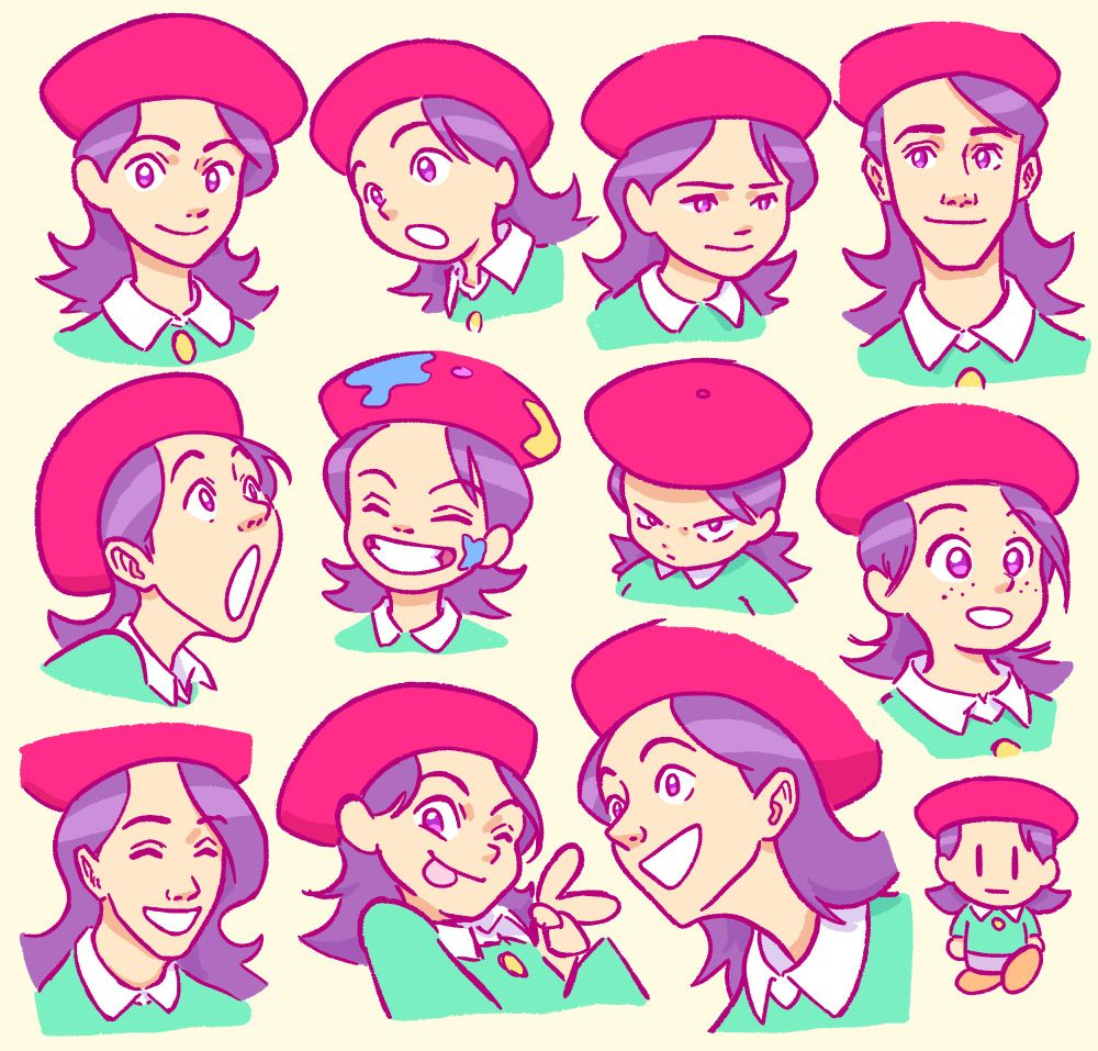 Lots of drawings of Adeleine from Kirby, with lots of different expressions and types of face.