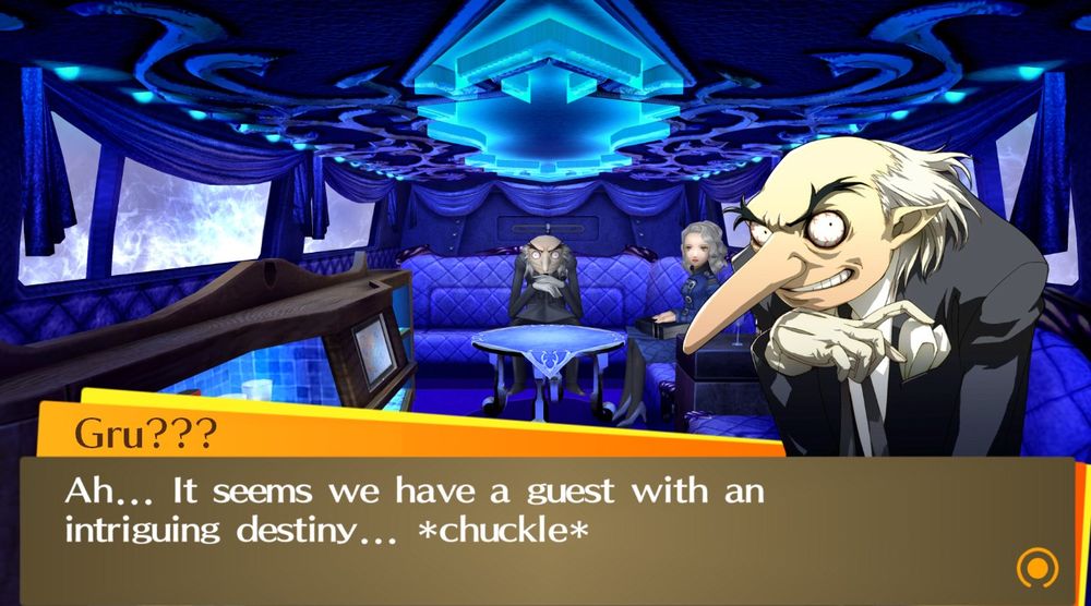 A small edit of the first scene of Persona 4 Golden. A name has been changed to "Gru???", whereas the remainder of the dialog remains the same.