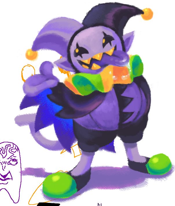 Jevil Deltarune, he's got his tongue out and is looking to the Northwest in a jovial manner. He's got one of his arms outstretched in an I DUNNO kinda way if that makes sense and his cape is hanging off of it :] Also there's a veiny Aoi Oni in the corner my friend Max drew, love that horrible creature.