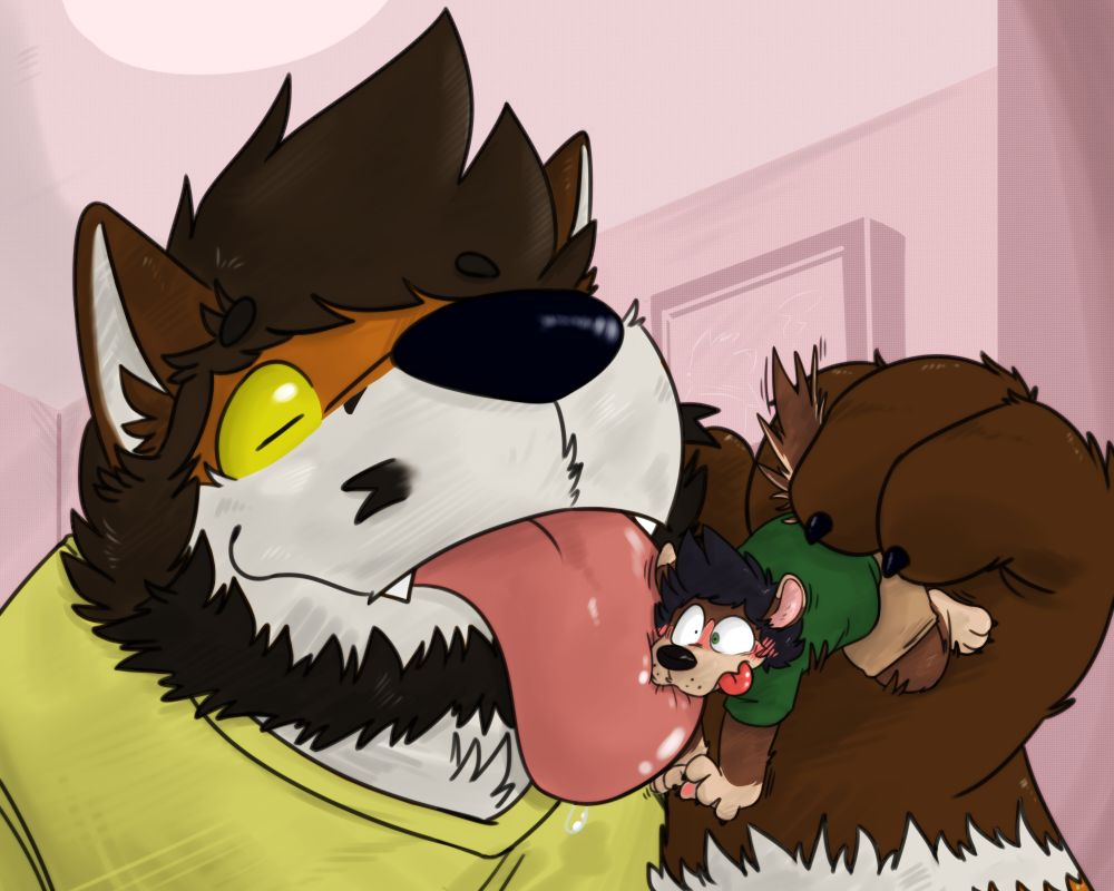 An anthropomorphic fox holding a tiny, anthropomorphic dog in his hand and giving him a lazy lick, flustering the little dog.