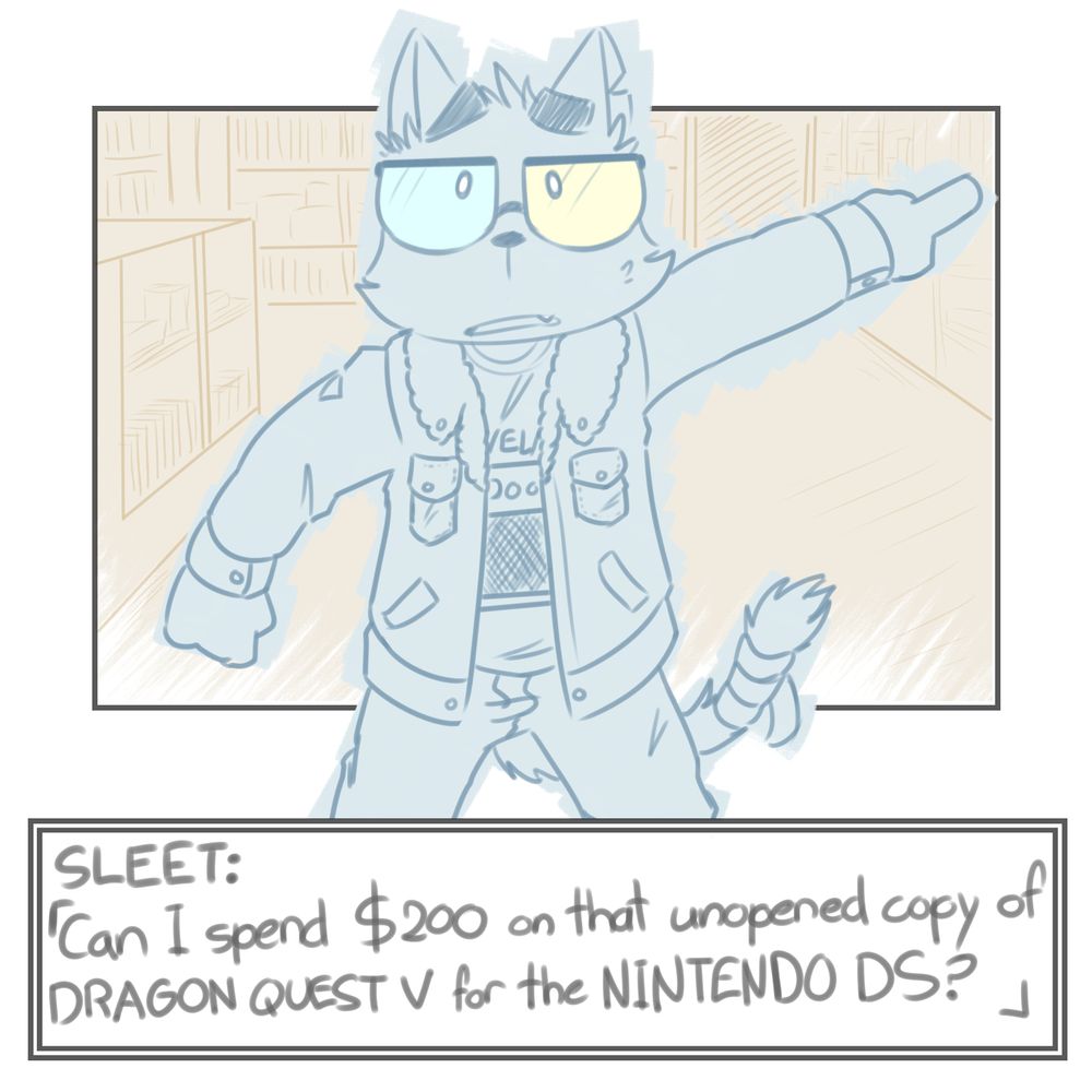 A visual novel-like layout where an anthropomorphic cat on top of a simple backdrop of a game store asks if he can purchase an unopened copy of Dragon Quest V for the Nintendo DS for 200 dollars