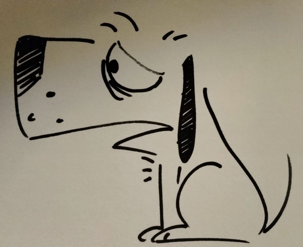 Cartoonish dog looking dejected