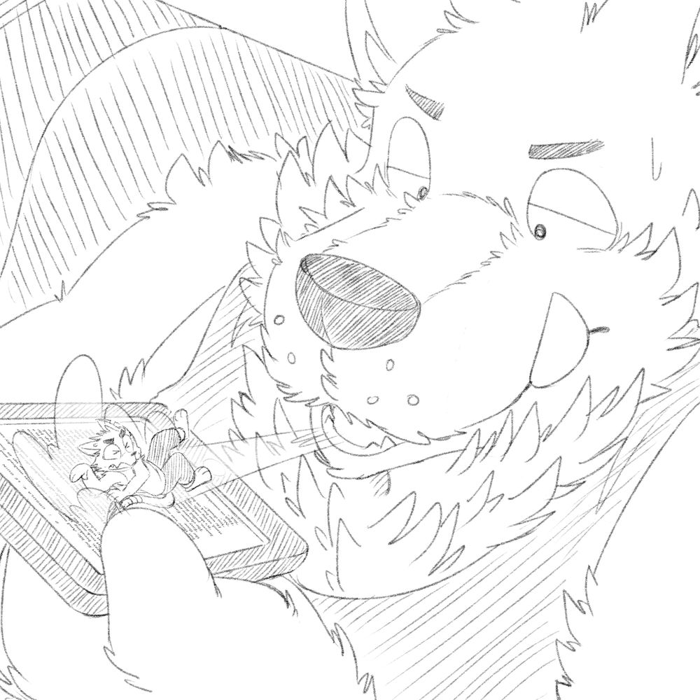 A large, anthropomorphic wolf looking annoyed, blowing air at a tiny, anthropomorphic cat who was purposefully blocking the screen of the wolf's e-reader