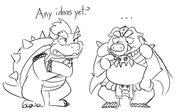 A doodle of Bowser and Ganon. They are both deep in thought trying to come up with a genius, evil plan.
