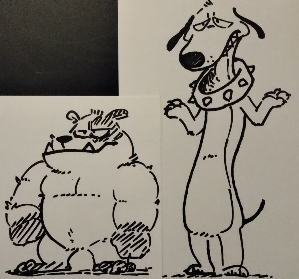 Doodles drawn on paper with a marker of a sticky, muscular dog, and a lanky, dog with a big collar. Neither of them look like productive members of society.
