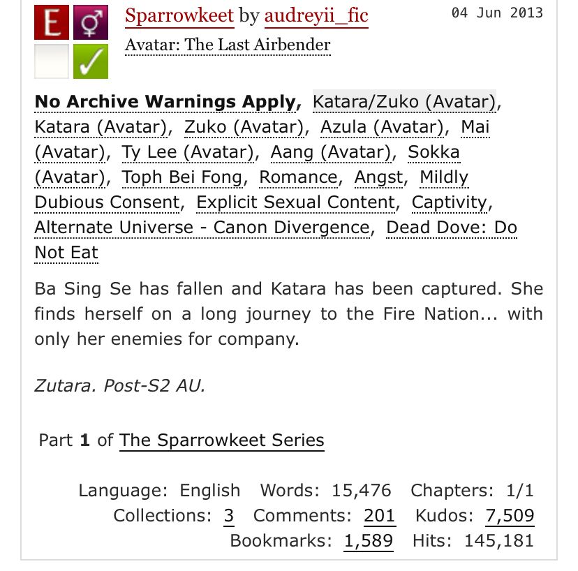 A screenshot of this user’s Ao3 profile (in their bio) showing their written Avatar the Last Airbender porn